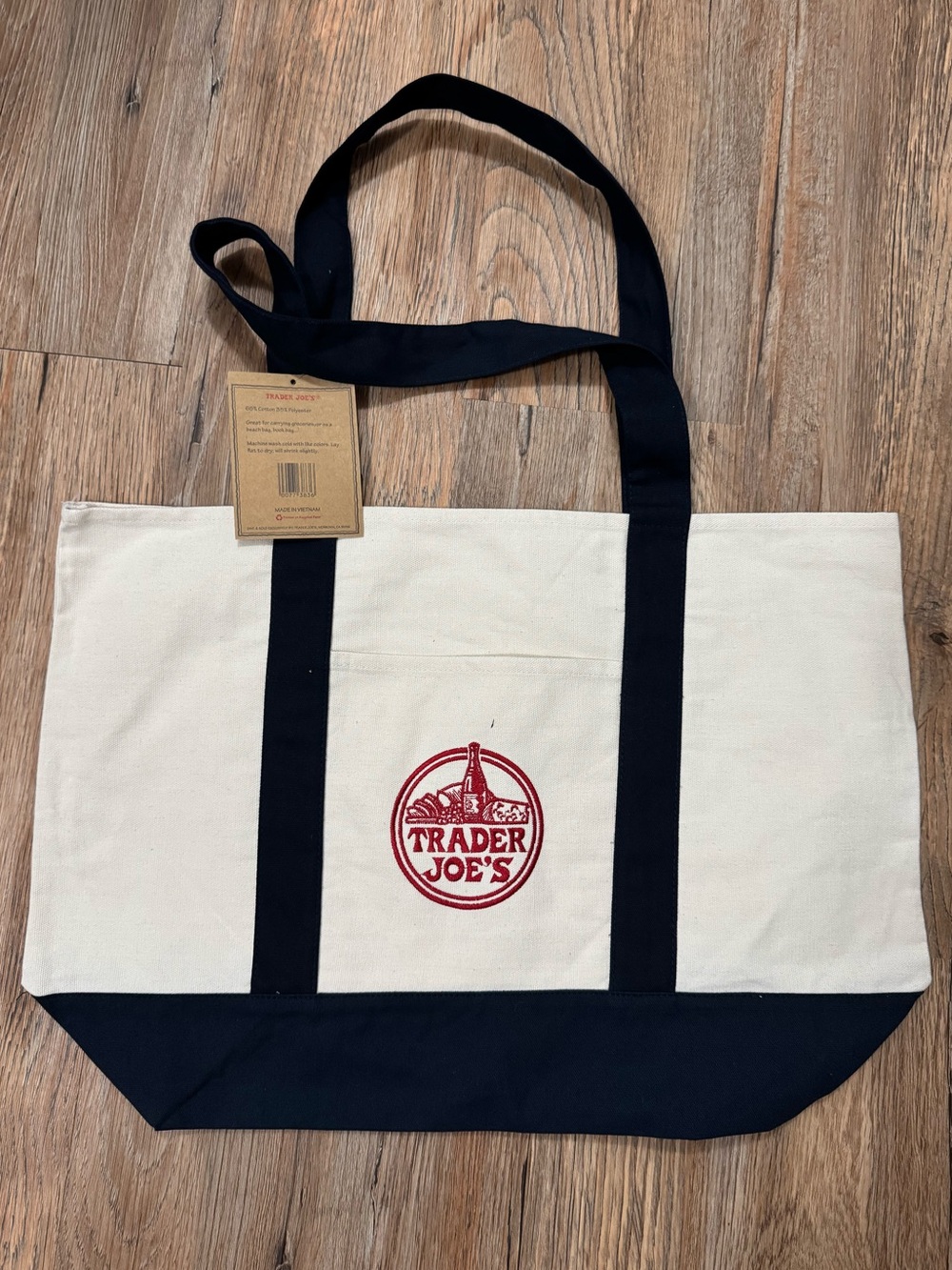 Trader Joe’s Canvas Tote Bag in Cream & Navy Blue